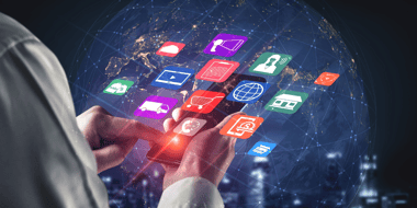 hands holding phone with digital icons displayed over it
