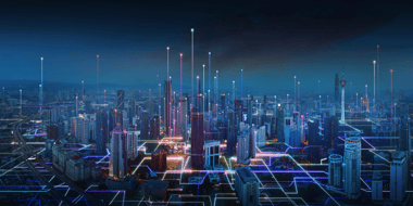 city skyline with digital overlay